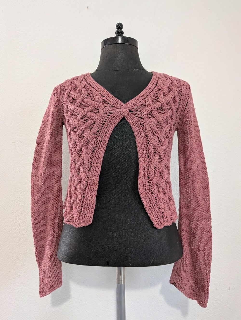 Say What? Mauve Cable-Knit Open-Front Cardigan Size Large